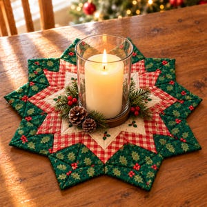 Christmas Candle Mat Sewing Pattern PDF, Patchwork Flower Table Decor