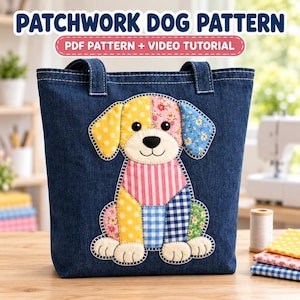 Patrón PDF de aplique de perro de patchwork, plantilla de animal de retazos de tela, videotutorial, proyecto de cojín para bolso