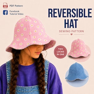 May include: A reversible hat sewing pattern with a pink daisy print. The image shows the hat in two styles: pink with daisies and solid blue. Text on the image reads "REVERSIBLE HAT SEWING PATTERN".