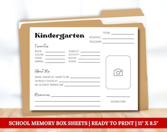 School Memory Box Questionnaire, School Years Pages, Baby Keepsake, Printable Kids Interview Questions, Children School File Box Cover Pages