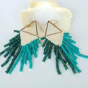 Turquoise Beige Boho Fringe Earrings/Long Lightweight Beaded Statement Jewelry/Summer Dangle Earrings for Women/Gift for her/Miyuki Beads