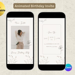 Invitation numérique de fête d'anniversaire | Dîner d'anniversaire |  Evite de fête d'anniversaire numérique animée | Modèle de toile modifiable | Téléchargement numérique
