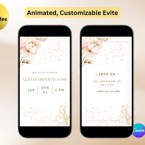 Floral Animated Birthday Evite: Editable Canva Template (Digital Download)