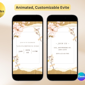 Floral Animated Birthday Party Evite: Editable Canva Template (Digital Download)