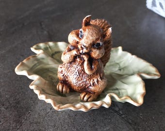 Hand-Painted Squirrel and Sycamore Leaf Plate