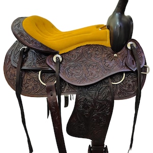 Western Saddle | Hand Tooled Leather | Fiber Tree Base | Mustard Suede Seat | Kabir Avenues
