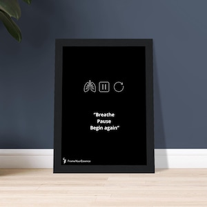 Respira, Pausa, Ricomincia – Arte murale minimalista – Poster motivazionale con cornice – Stampa con citazione in bianco e nero – Decorazione per la casa consapevole