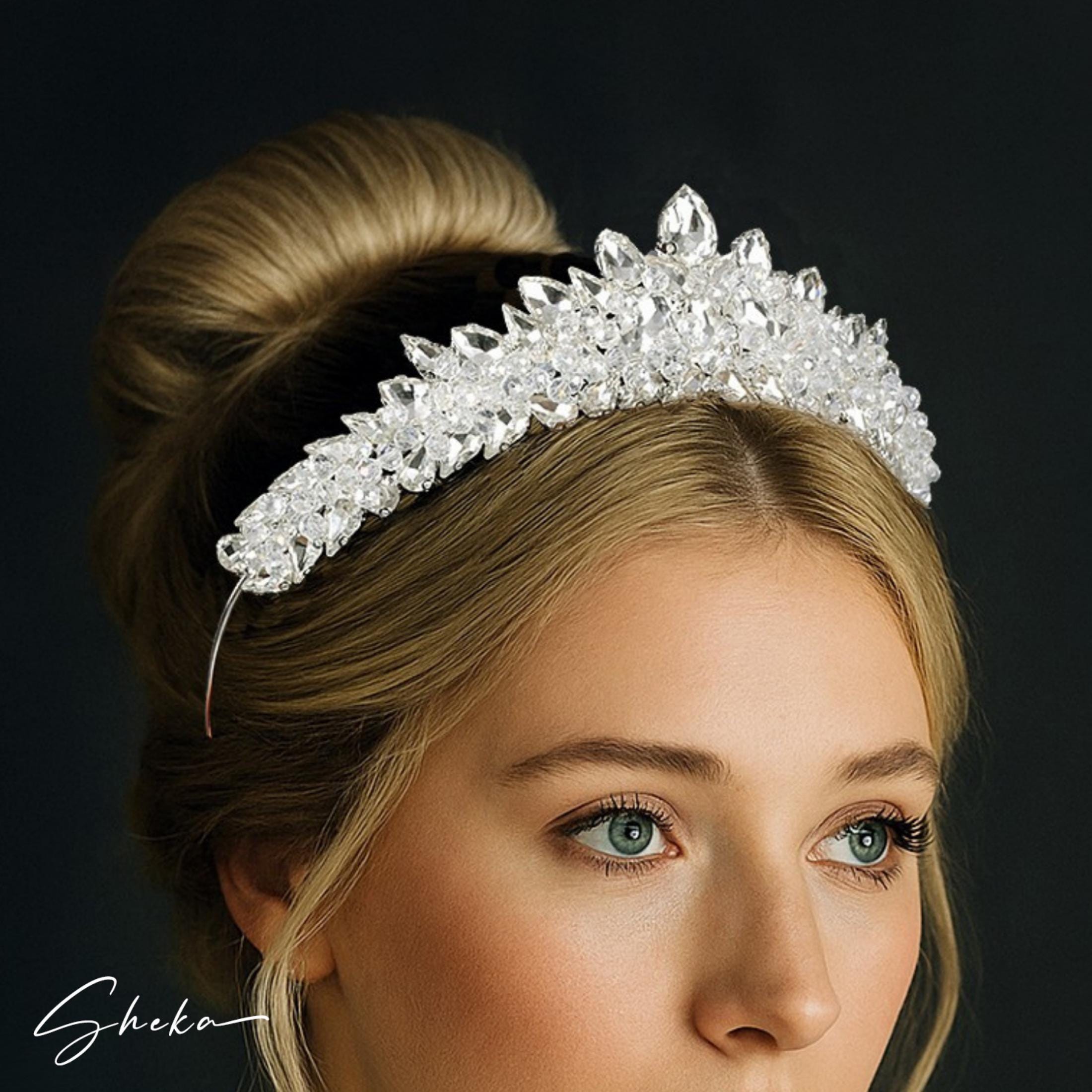 Silver Plated Clear Crystal Rhinestone Crown Princess Bridal Tiara Victorian Round Crown Clear Austrian Rhinestone Hair Tiara  main image 2