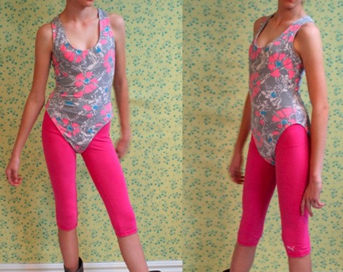 Vintage 80s JAZZERCISE LEOTARD Gray With Pink Flowers Etsy