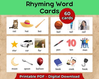 Cartões de palavras que rimam – 60 cartões de fonética imprimíveis com imagens – Prática de rimas para o jardim de infância e 1º ano – Atividade em PDF para o centro de alfabetização