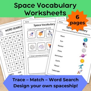Space Vocabulary Worksheets for Kids – Trace, Match, Word Search & More – Printable PDF – Planets and Space Learning Activities