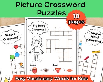 May include: A set of picture crossword puzzles for kids. The cover features the text "Picture Crossword Puzzles" and "10 pages". Inside, there are crosswords on topics like shapes, body parts, and school items. The text "Easy Vocabulary Words for Kids" is also visible.