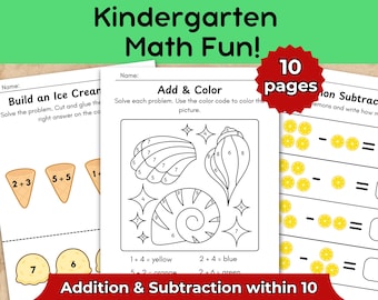 May include: A set of kindergarten math worksheets with the title "Kindergarten Math Fun!" The worksheets include addition and subtraction problems within 10, with images of ice cream cones, seashells, and lemons. The worksheets are labeled "10 pages."