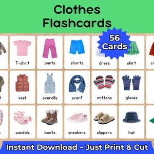 May include: A collection of "Clothes Flashcards" featuring 20 different clothing items. The cards display a shirt, T-shirt, trousers, shorts, dress, skirt, cardigan, jacket, vest, overalls, scarf, mittens, gloves, tie, shoes, sandals, boots, trainers, slippers, hat, and cap.