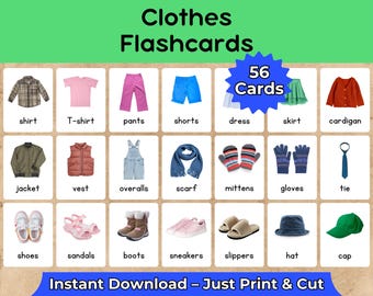 Clothes Flashcards for Kids | 56 Cards | 2 Sizes | ESL Vocabulary | Preschool, Kindergarten, Homeschool | Printable PDF