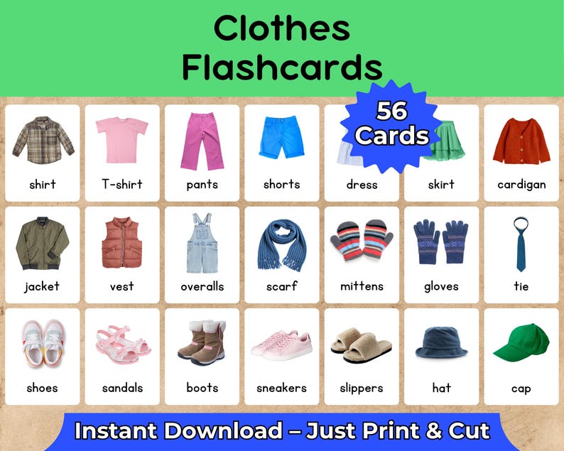 Clothes Flashcards for Kids | 56 Cards | 2 Sizes | ESL Vocabulary ...