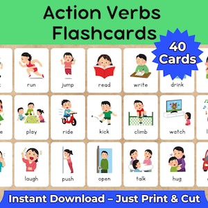 Puede incluir: Tarjetas didácticas con verbos de acción como caminar, correr y saltar. Cada tarjeta muestra una colorida ilustración del verbo. El conjunto incluye 40 tarjetas y está etiquetado como "Descarga instantánea - Solo imprimir y cortar."