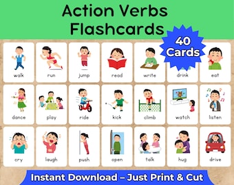 Tarjetas de verbos de acción: 40 tarjetas imprimibles de verbos en inglés para niños / Tarjetas de vocabulario ESL / Juego de aprendizaje en el aula (PDF imprimible)