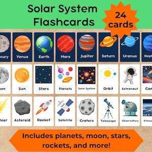 Solar System Flashcards – 24 Printable Space Vocabulary Cards for Kids – Planets, Space Objects, Science Learning – Digital Download