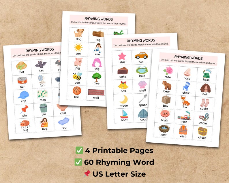 Rhyming Words Matching Game for Kids | Word - Picture Cards | Phonics ...