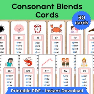 May include: Educational flashcards for consonant blends, featuring 30 cards with colourful illustrations and words. Each card displays a blend like "bl" with words such as "black" and "blade". The cards are designed for learning.