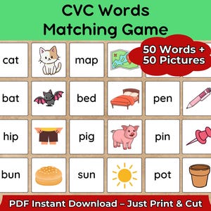 Könnte beinhalten: Ein CVC-Wörter-Zuordnungsspiel mit 50 Wörtern und 50 Bildern. Das Spiel enthält Bilder von Katze, Fledermaus, Bett, Hüfte, Brötchen, Karte, Schwein, Sonne, Stift, Reißzwecke und Topf. Sofortiger PDF-Download.