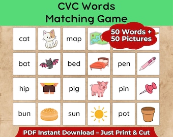 CVC Words Matching Game: Kids Phonics Printable Activity - Early Reading Cards - Kindergarten Literacy (PDF Download)