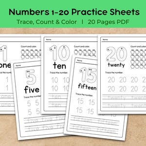 Könnte beinhalten: Ein Stapel weißer, bedruckbarer Arbeitsblätter zum Erlernen der Zahlen 1-20. Jedes Blatt zeigt eine Zahl, ihre geschriebene Form und Übungen zum Nachzeichnen. Die Arbeitsblätter enthalten auch Zähl- und Ausmalaktivitäten. Der Titel lautet "Numbers 1-20 Practice Sheets".
