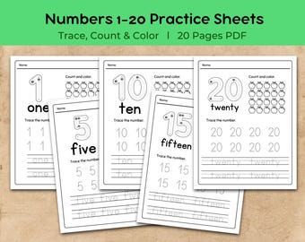 1 à 20 feuilles d'exercices pour relever les nombres – Tracer, compter, PDF imprimable couleur – Fiches d'exercices pour les mathématiques pour le préscolaire et la maternelle