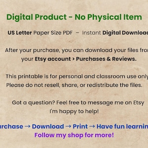 May include: A beige digital product listing with green and blue text. The text includes "Digital Product - No Physical Item", "US Letter Paper Size PDF", and instructions for downloading and use. The listing emphasizes personal and classroom use.