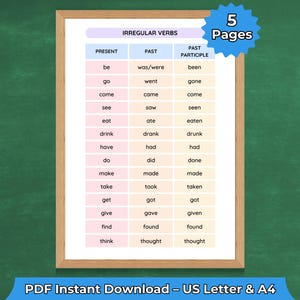 Puede incluir: Un cuadro enmarcado de verbos irregulares, con columnas para las formas en presente, pasado y participio pasado. El cuadro está en un marco de madera e incluye el texto "PDF Instant Download - US Letter & A4". Un gráfico azul en forma de estrella dice "5 páginas".