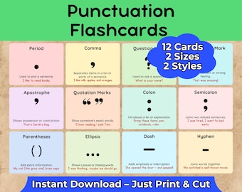 May include: A set of 12 punctuation flashcards in two sizes and styles, with examples. The cards feature a period, comma, apostrophe, quotation marks, question mark, exclamation mark, colon, semicolon, parentheses, ellipsis, dash, and hyphen. Text includes "Instant Download - Just Print & Cut."