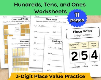 3-Digit Place Value Worksheets: Math Activities for 1st & 2nd Grade – Hundreds Tens and Ones (Printable PDF)