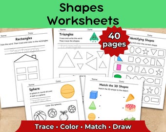 Vormwerkbladen voor de kleuterschool | Vormen traceren, matchen en kleuren | Inleiding tot vormen | Geometrie-afdrukbare items | Pdf-download