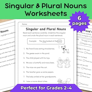 Singular and Plural Nouns Worksheets – Grammar Practice for Kids – 6 Page Printable PDF Activities