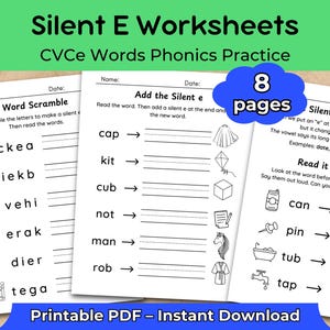 以下が含まれることがあります： サイレントEワークシート、CVCe単語のフォニックス練習用。単語スクランブルとサイレント「e」の追加アクティビティが含まれています。印刷可能なPDFの8ページを即座にダウンロードできます。早期学習者のための教育リソース。