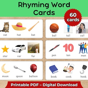 Cartões de palavras que rimam – 60 cartões fonéticos para impressão com imagens – Prática de rimas para jardim de infância e 1ª série – Atividade do Centro de Alfabetização em PDF