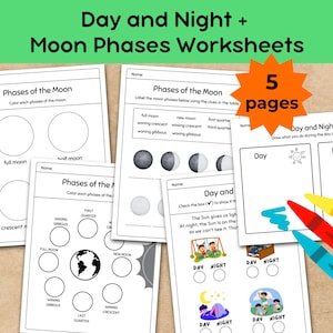 Op de afbeelding: Educatieve werkbladen voor kinderen, met maanfasen en dag/nacht concepten. De witte papieren vellen bevatten diagrammen van de maanfasen en dag/nacht activiteiten, met kleurpotloden op de voorgrond.