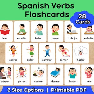 May include: Spanish Verbs Flashcards with 28 cards. Each card features a verb with an illustration. Verbs include leer, escribir, beber, comer, trabajar, estudiar, cantar, bailar, caminar, correr, hablar, dibujar, pintar, cocinar, dormir, llorar, and reir.