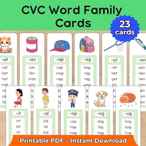 May include: CVC word family flashcards with colorful illustrations and word lists. The cards feature images of a cat, can, cap, bag, net, and pen, among others. The text on the cards includes "CVC Word Family Cards", "23 cards", and "Printable PDF - Instant Download".