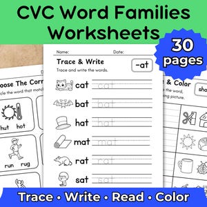 CVC Word Families Worksheets – 30 Page Phonics Practice Pack – Trace, Write, Read, Color Activities for Kindergarten & Grade 1 Literacy