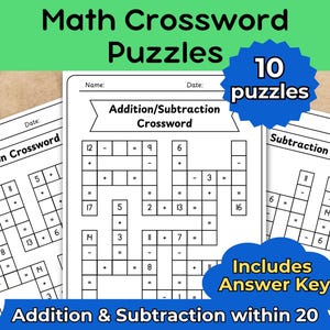 Peut inclure: Des grilles de mots croisés mathématiques pour l'addition et la soustraction jusqu'à 20. Les feuilles de calcul comprennent 10 énigmes et un corrigé. Le titre "Math Crossword Puzzles" est en haut, avec "Addition & Soustraction jusqu'à 20" en bas.