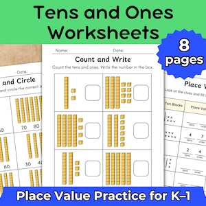 Könnte beinhalten: Lehrblätter für Schüler der Klassen K-1. Die Arbeitsblätter beinhalten Übungen zur Stellenwertbestimmung mit Zehnern und Einern, einschließlich Zählen und Schreiben von Zahlen. Das Bild zeigt mehrere Seiten mit Beispielen und Übungen. Der Titel lautet "Tens and Ones Worksheets".