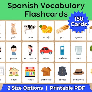 May include: A set of Spanish vocabulary flashcards with illustrations and Spanish words. The flashcards include images of a dog, cat, cow, orange slices, bread, cheese, table, mother, father, student, car, phone, glass, tree, kitchen, house, store, shirt, coat, hat, and sun.