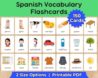 Spanish Vocabulary Flashcards | 150 Printable Common Words Cards, Animals, Food, People, Clothes for Kids - Homeschool Language Learning