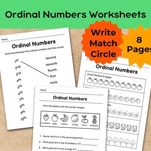 以下が含まれることがあります： 「Ordinal Numbers Worksheets」と題された序数ワークシートのコレクション。ワークシートには、序数を一致させ、書き、丸で囲むための演習が含まれています。画像には「Write, Match, Circle」と「8 Pages」というテキストも表示されています。