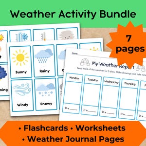 Feuilles de travail météo pour enfants - Ensemble de cartes-éclair, vocabulaire, vêtements, journal hebdomadaire et suivi au format PDF - Ressource imprimable pour l'école à la maison