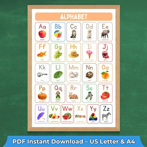 May include: Alphabet chart in a wooden frame. Each letter of the alphabet is displayed with a corresponding image, such as an apple for A, a ball for B, and a cat for C. The top of the chart has the word "ALPHABET" in orange. The bottom of the chart says "PDF Instant Download - US Letter & A4".