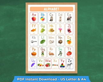Alphabet Lehrtafel Poster A–Z | Druckbare ABC Buchstaben mit Bildern & Worten | Klassenzimmer Dekor, Vorschule, Kindergarten, Hausschule