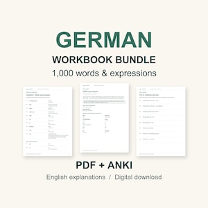 May include: A German workbook bundle featuring 1,000 words and expressions, presented as a PDF and Anki digital download. The image displays three white pages with black text, including English explanations and exercises for language learning.